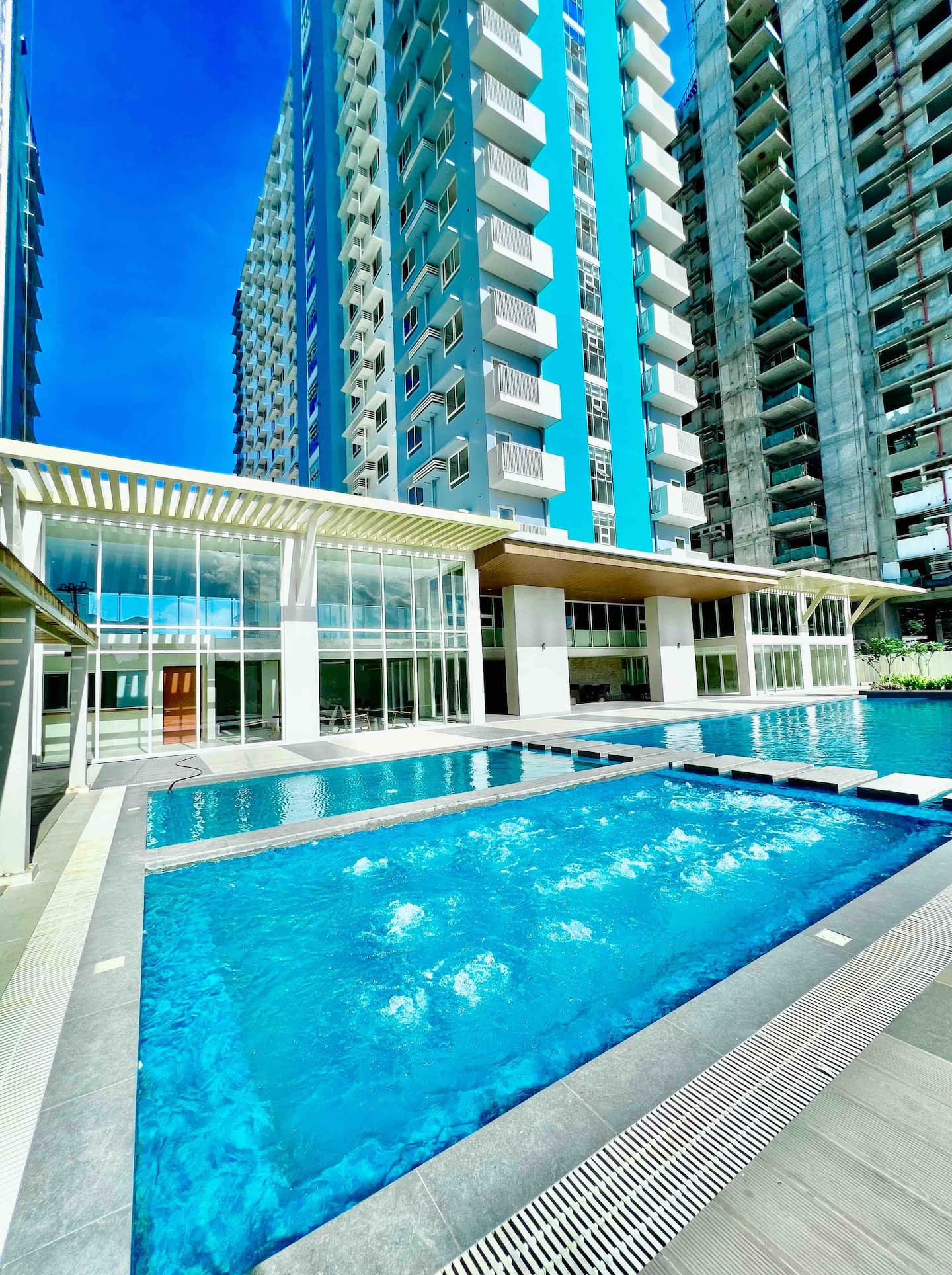 Swimming pool framed by the towers