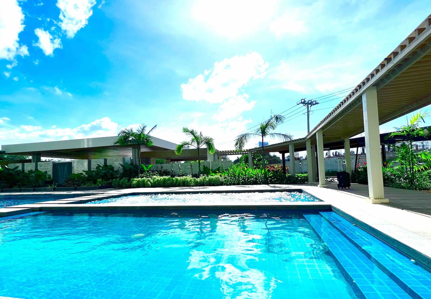 Building swimming pool under blue skies